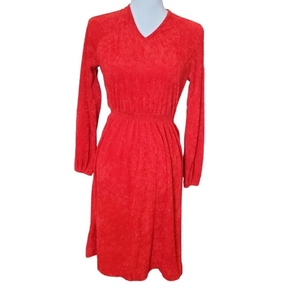 Vintage 70s 80s Red‎ Terrycloth Pullover Casual Dress Smocked Longsleeve Small